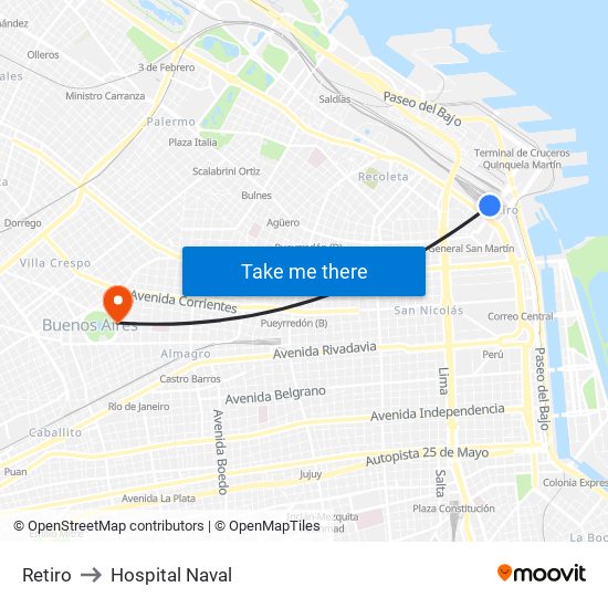 Retiro to Hospital Naval map