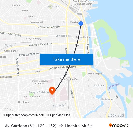 Av. Córdoba (61 - 129 - 152) to Hospital Muñiz map