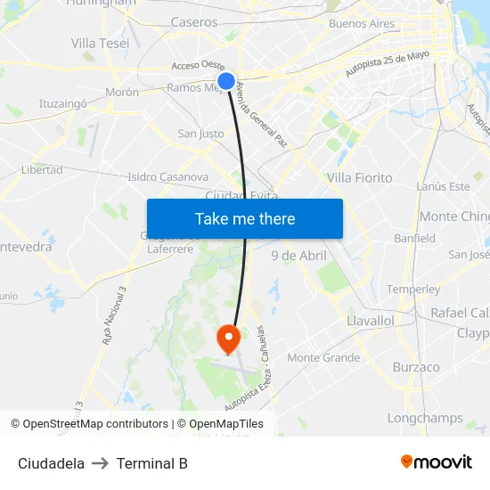 Ciudadela to Terminal B map