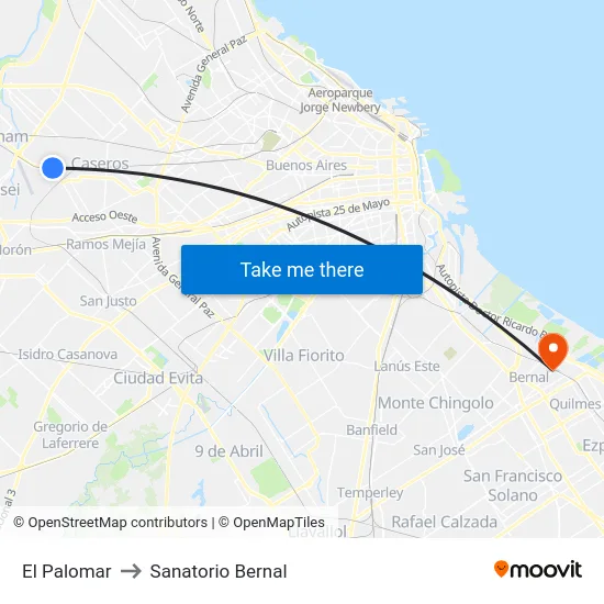 El Palomar to Sanatorio Bernal map