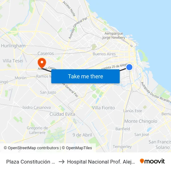 Plaza Constitución (129 - 197) to Hospital Nacional  Prof. Alejandro Posadas map