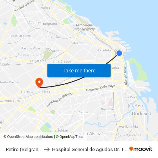 Retiro (Belgrano Norte) to Hospital General de Agudos  Dr. Teodoro Álvarez map