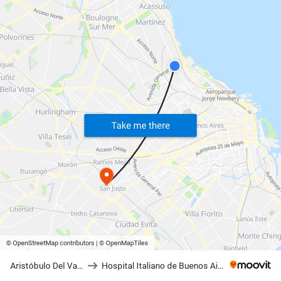 Aristóbulo Del Valle to Hospital Italiano de Buenos Aires map