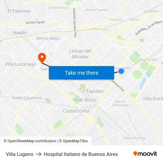 Villa Lugano to Hospital Italiano de Buenos Aires map