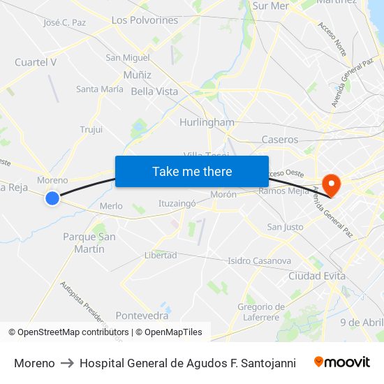 Moreno to Hospital General de Agudos  F. Santojanni map