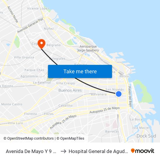 Avenida De Mayo Y 9 De Julio (7 - 24) to Hospital General de Agudos  Dr. I. Pirovano map