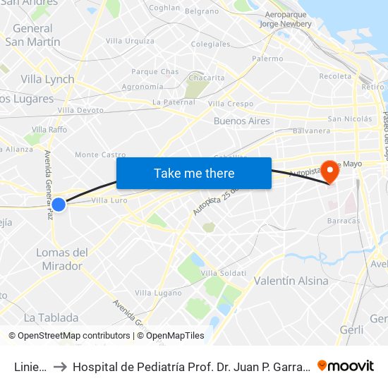 Liniers to Hospital de Pediatría  Prof. Dr. Juan P. Garrahan map