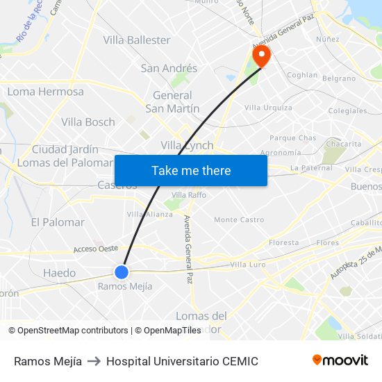 Ramos Mejía to Hospital Universitario CEMIC map