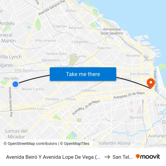 Avenida Beiró Y Avenida Lope De Vega (85 - 146) to San Telmo map