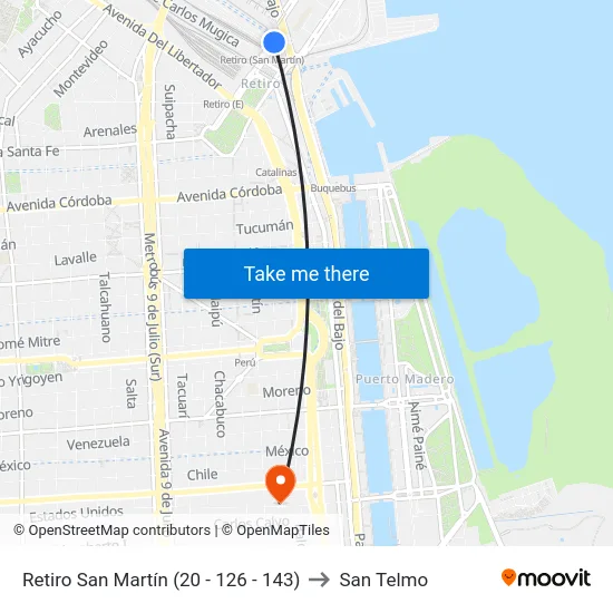Retiro San Martín (20 - 126 - 143) to San Telmo map