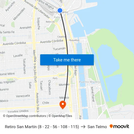 Retiro San Martín (8 - 22 - 56 - 108 - 115) to San Telmo map
