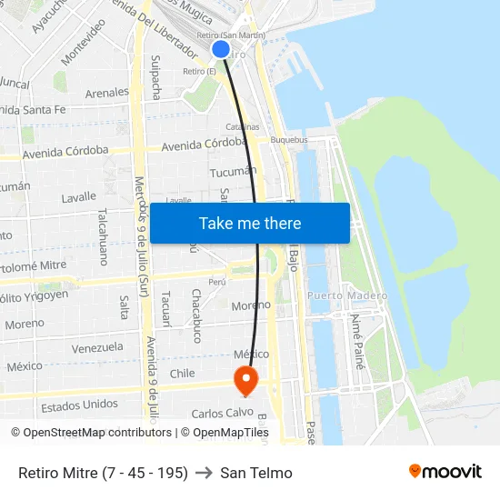 Retiro Mitre (7 - 45 - 195) to San Telmo map