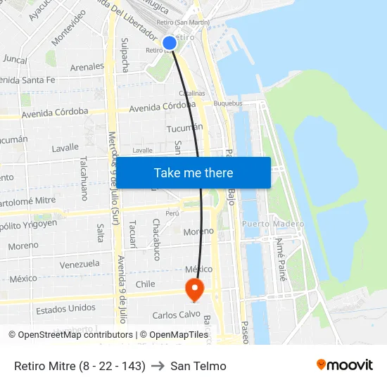Retiro Mitre (8 - 22 - 143) to San Telmo map