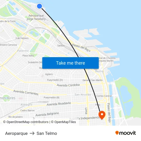 Aeroparque to San Telmo map