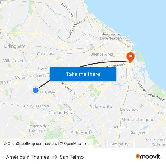 América Y Thames to San Telmo map