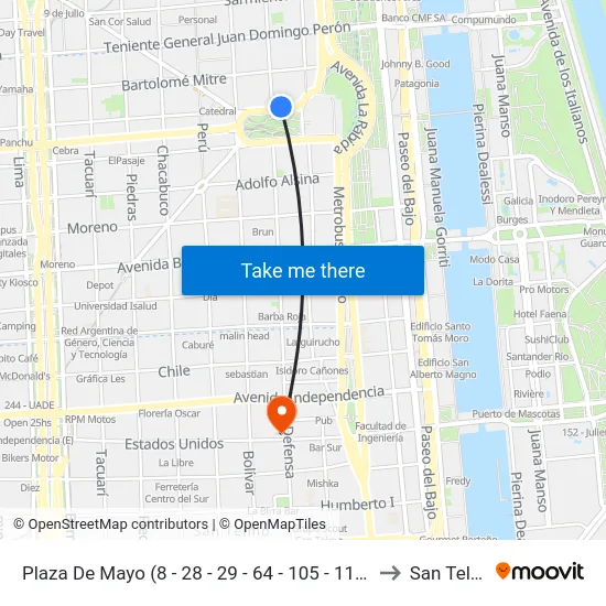 Plaza De Mayo (8 - 28 - 29 - 64 - 105 - 111 - 146) to San Telmo map