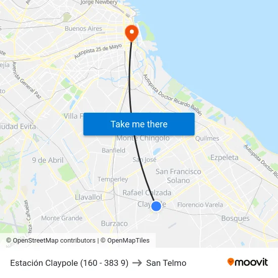Estación Claypole (160 - 383 9) to San Telmo map