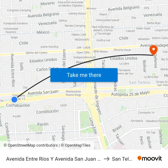 Avenida Entre Ríos Y Avenida San Juan (50) to San Telmo map