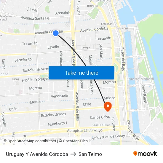 Uruguay Y Avenida Córdoba to San Telmo map
