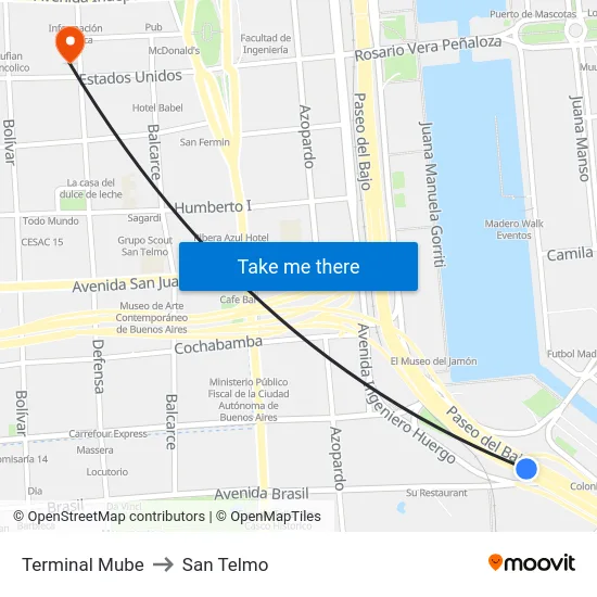 Terminal Mube to San Telmo map