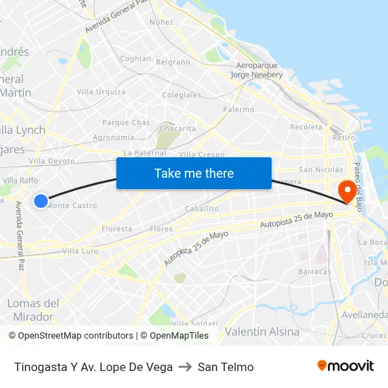 Tinogasta Y Av. Lope De Vega to San Telmo map