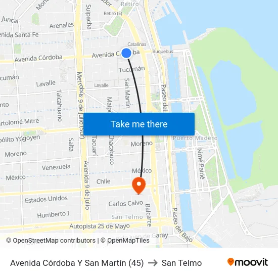 Avenida Córdoba Y San Martín (45) to San Telmo map