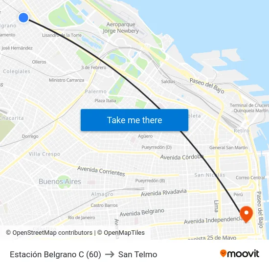 Estación Belgrano C (60) to San Telmo map