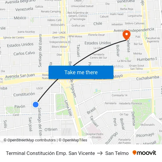 Terminal Constitución Emp. San Vicente to San Telmo map