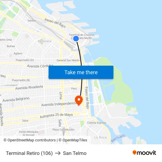 Terminal Retiro (106) to San Telmo map