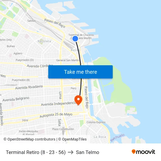 Terminal Retiro (8 - 23 - 56) to San Telmo map