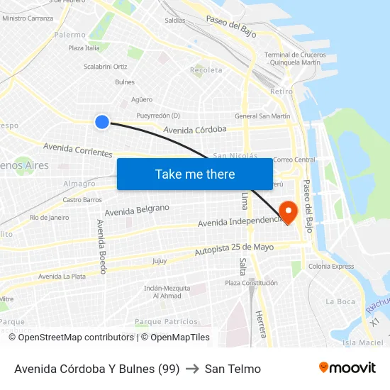 Avenida Córdoba Y Bulnes (99) to San Telmo map