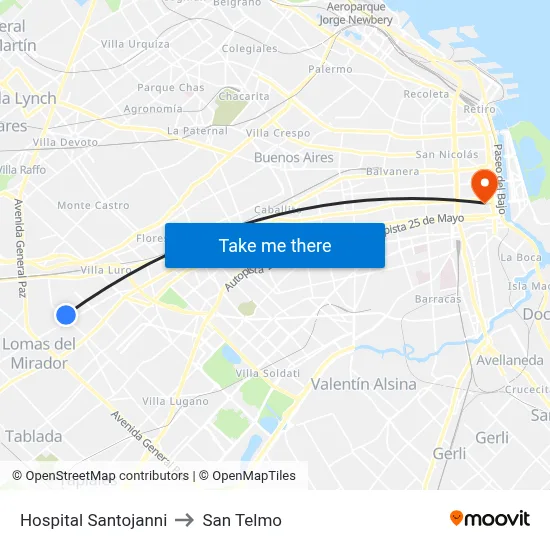 Hospital Santojanni to San Telmo map