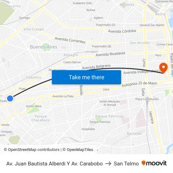 Av. Juan Bautista Alberdi Y Av. Carabobo to San Telmo map