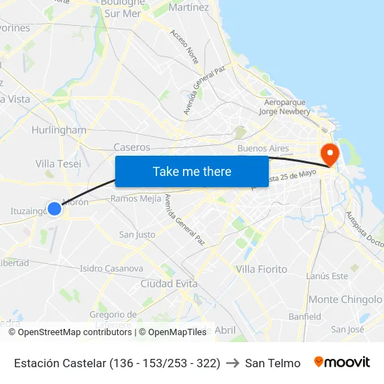 Estación Castelar (136 - 153/253 - 322) to San Telmo map