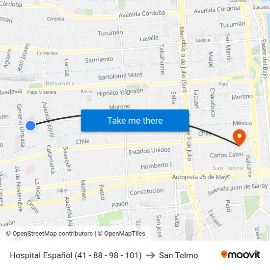Hospital Español (41 - 88 - 98 - 101) to San Telmo map