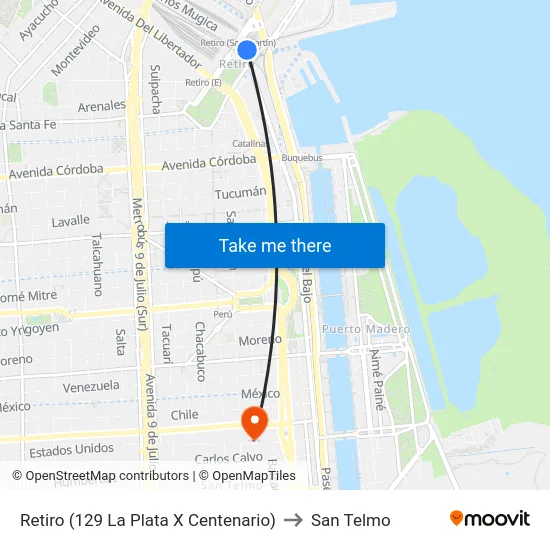 Retiro (129 La Plata X Centenario) to San Telmo map