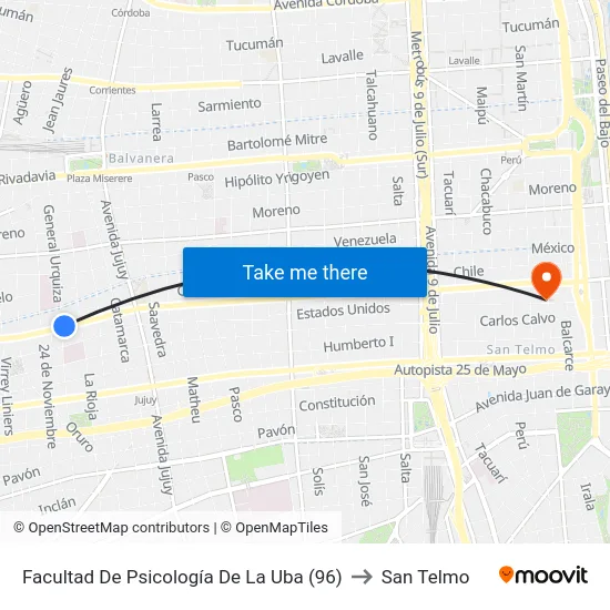 Facultad De Psicología De La Uba (96) to San Telmo map