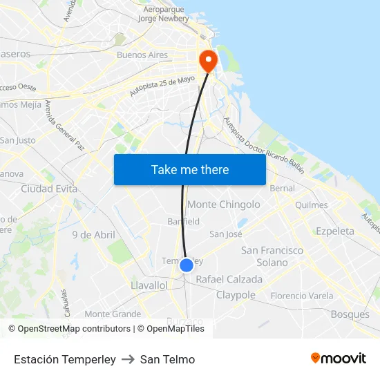 Estación Temperley to San Telmo map