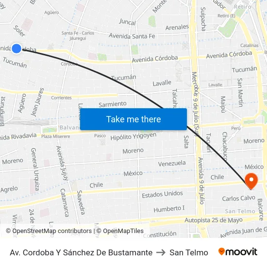Av. Cordoba Y Sánchez De Bustamante to San Telmo map