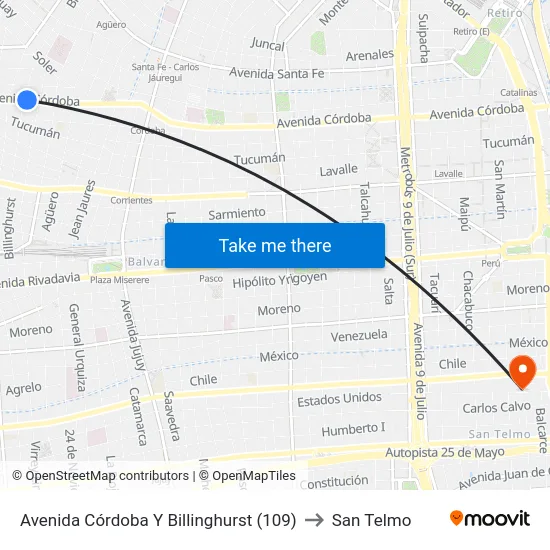 Avenida Córdoba Y Billinghurst (109) to San Telmo map