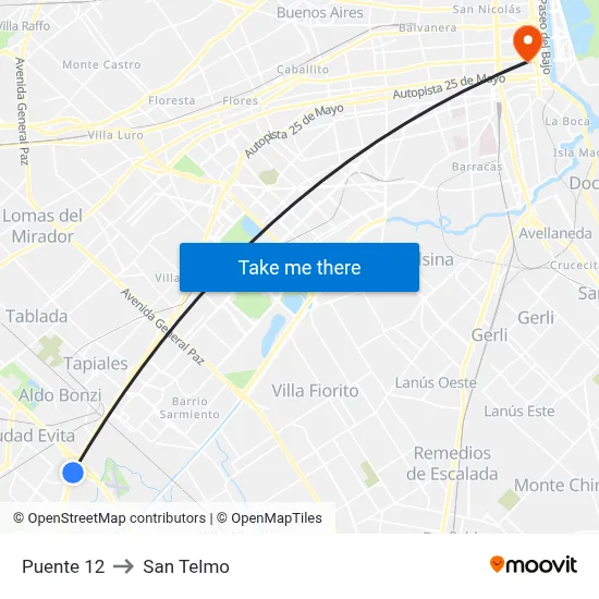 Puente 12 to San Telmo map
