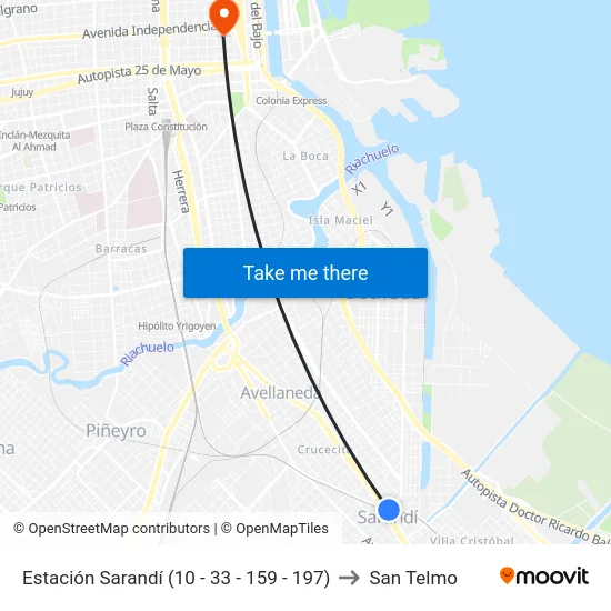 Estación Sarandí (10 - 33 - 159 - 197) to San Telmo map