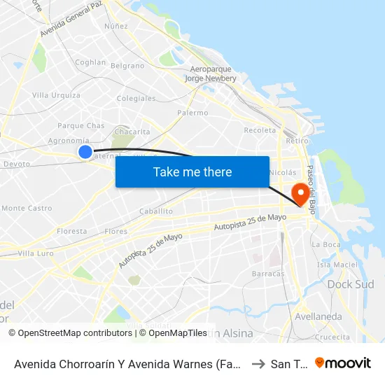 Avenida Chorroarín Y Avenida Warnes (Facultad De Agronomía) to San Telmo map