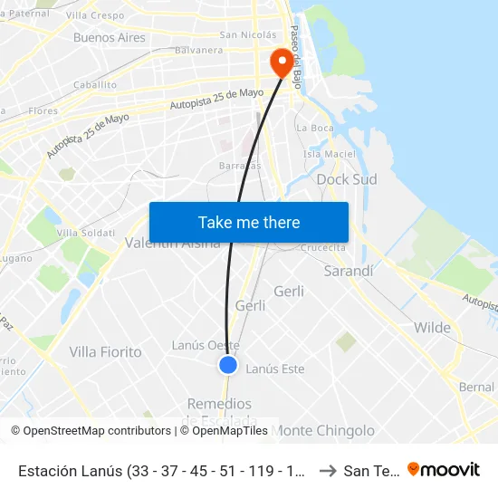 Estación Lanús (33 - 37 - 45 - 51 - 119 - 164 - 271 - 277) to San Telmo map