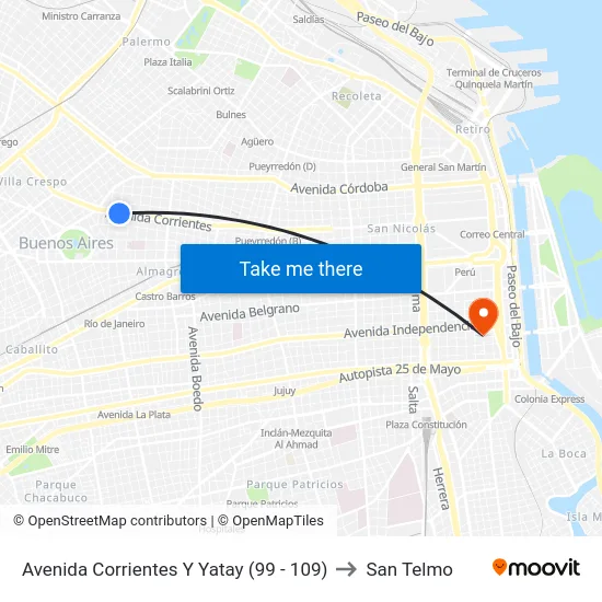Avenida Corrientes Y Yatay (109) to San Telmo map