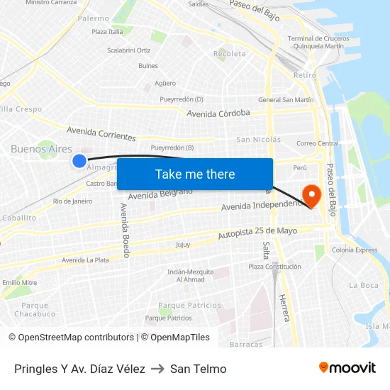 Pringles Y Av. Díaz Vélez to San Telmo map