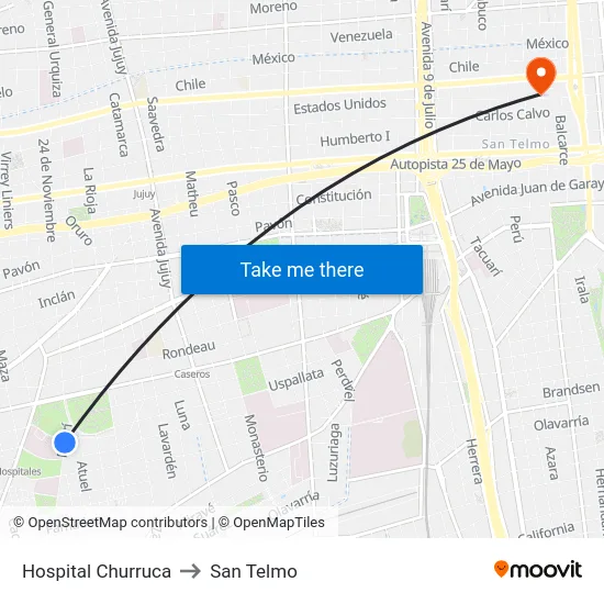 Hospital Churruca to San Telmo map