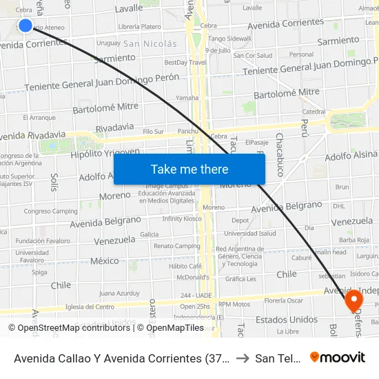Avenida Callao Y Avenida Corrientes (37 - 124) to San Telmo map