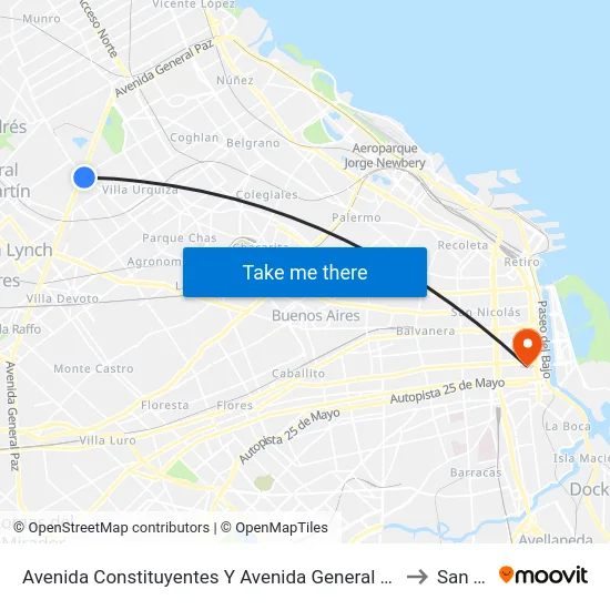 Avenida Constituyentes Y Avenida General Paz (110 - 111 - 140 - 169 - 176) to San Telmo map