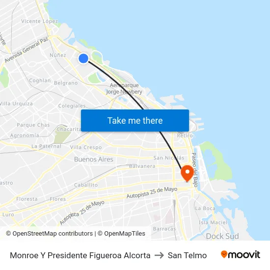 Monroe Y Presidente Figueroa Alcorta to San Telmo map